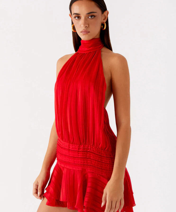 Willow | Open Back Ruffle Hem High-Neck Chiffon Mini Dress