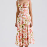 Carmen | Pink Peony Lace Up Back Floral Side Split Midi Dress