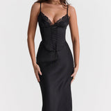 Salma | Black Satin Slip Detachable Corset Midi Dress
