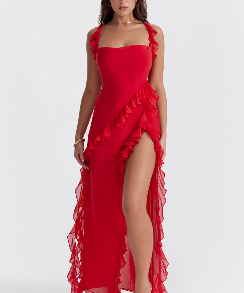 Soho | Square Neck Thigh-High Slit Ruffle Side Maxi Dress