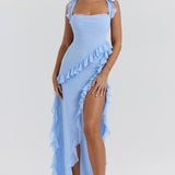 Soho | Square Neck Thigh-High Slit Ruffle Side Maxi Dress