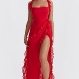 Soho | Square Neck Thigh-High Slit Ruffle Side Maxi Dress