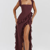 Soho | Square Neck Thigh-High Slit Ruffle Side Maxi Dress