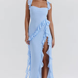 Soho | Square Neck Thigh-High Slit Ruffle Side Maxi Dress