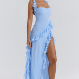 Soho | Square Neck Thigh-High Slit Ruffle Side Maxi Dress