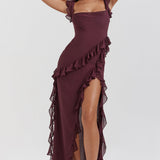Soho | Square Neck Thigh-High Slit Ruffle Side Maxi Dress