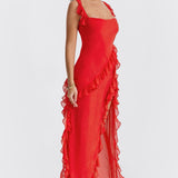 Soho | Square Neck Thigh-High Slit Ruffle Side Maxi Dress