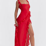 Soho | Square Neck Thigh-High Slit Ruffle Side Maxi Dress