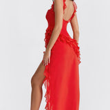 Soho | Square Neck Thigh-High Slit Ruffle Side Maxi Dress