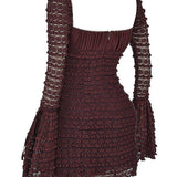 Marisa | Rich Brown Floral Lace Drawstring Bust Mini Dress