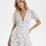 Kaya | V-Neck Tiered Ruffle Floral Puff Sleeve Mini Dress