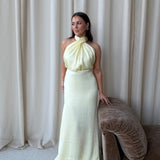 Lola | Buttery Yellow Halterneck Satin Maxi Dress
