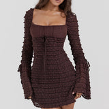 Marisa | Rich Brown Floral Lace Drawstring Bust Mini Dress