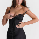 Salma | Black Satin Slip Detachable Corset Midi Dress