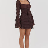 Marisa | Rich Brown Floral Lace Drawstring Bust Mini Dress
