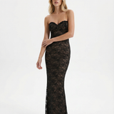 Catrine | Sheer Floral Lace Corset Maxi Dress with Detachable Sleeves