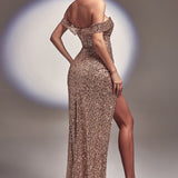 Anne-May | Off-The-Shoulder Embroidered Sequin Maxi Dress