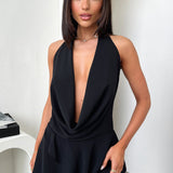 Coco | Flowy Open Back Plunge Halter Mini Dress