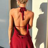 Coco | Flowy Open Back Plunge Halter Mini Dress