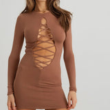 Cassidy | Ribbed Bodycon Front Lace-Up Long Sleeve Mini Dress