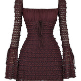 Marisa | Rich Brown Floral Lace Drawstring Bust Mini Dress