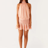 Willow | Open Back Ruffle Hem High-Neck Chiffon Mini Dress