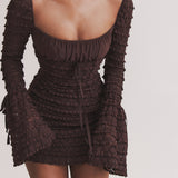 Marisa | Rich Brown Floral Lace Drawstring Bust Mini Dress