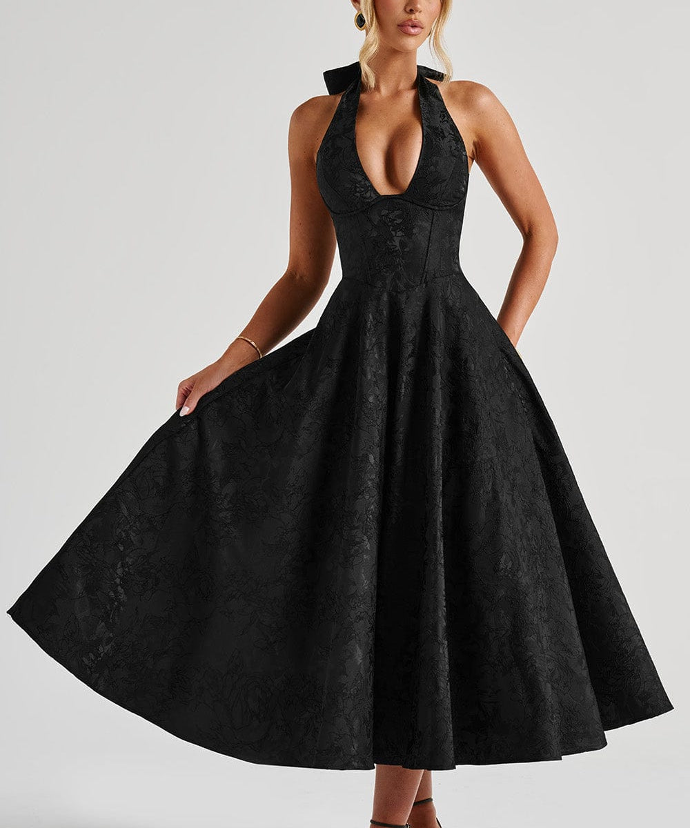 Rosie | Floral Jacquard Halter Midi Dress