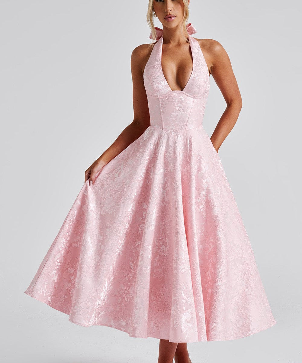 Rosie | Floral Jacquard Halter Midi Dress