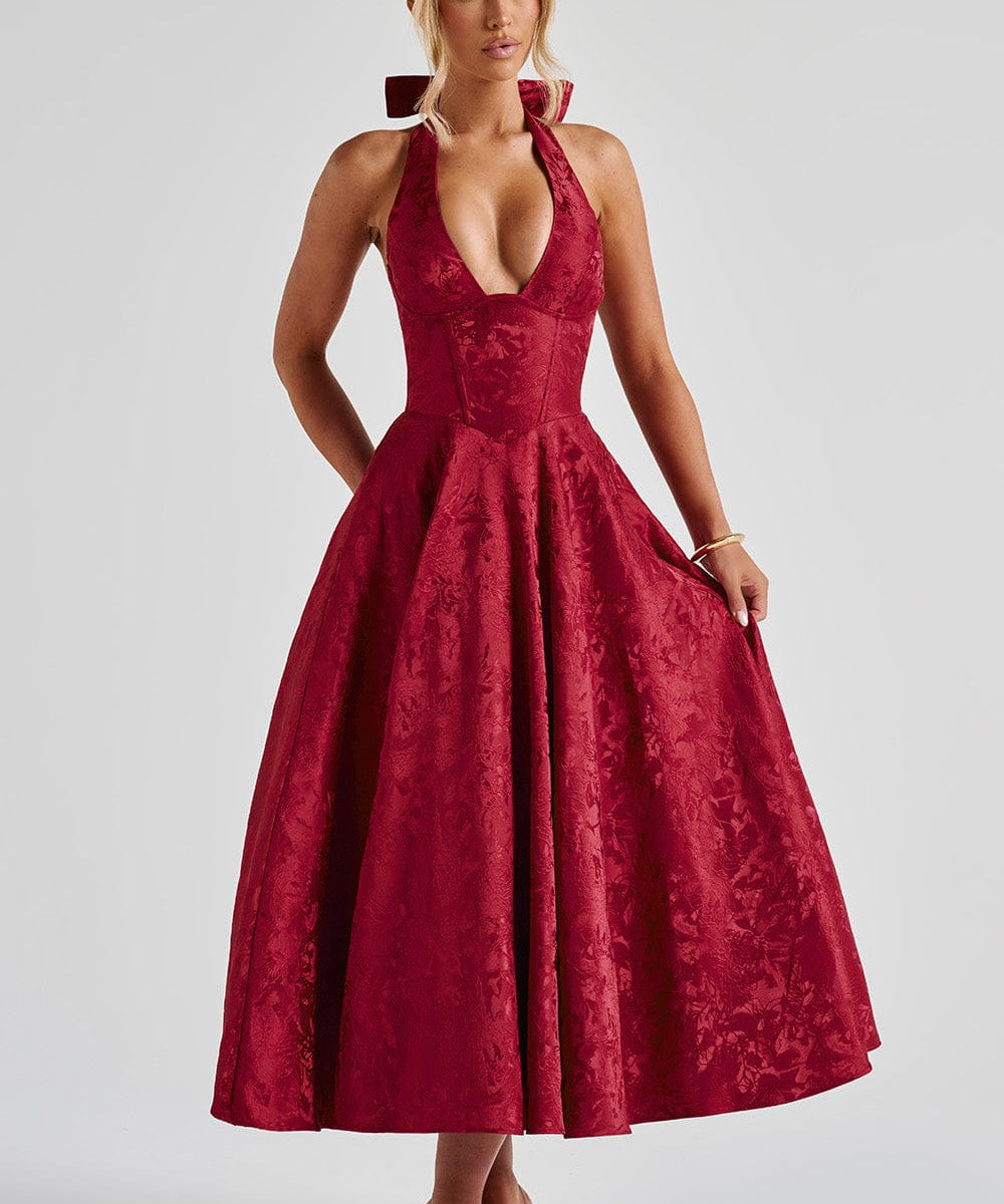Rosie | Floral Jacquard Halter Midi Dress