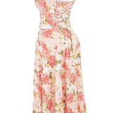 Carmen | Pink Peony Lace Up Back Floral Side Split Midi Dress