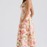 Carmen | Pink Peony Lace Up Back Floral Side Split Midi Dress