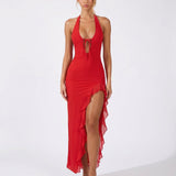 Shelly | Plunging Backless Maxi Dress with Ruffle Trim