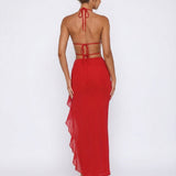 Shelly | Plunging Backless Maxi Dress with Ruffle Trim