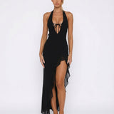 Shelly | Plunging Backless Maxi Dress with Ruffle Trim