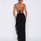 Shelly | Plunging Backless Maxi Dress with Ruffle Trim