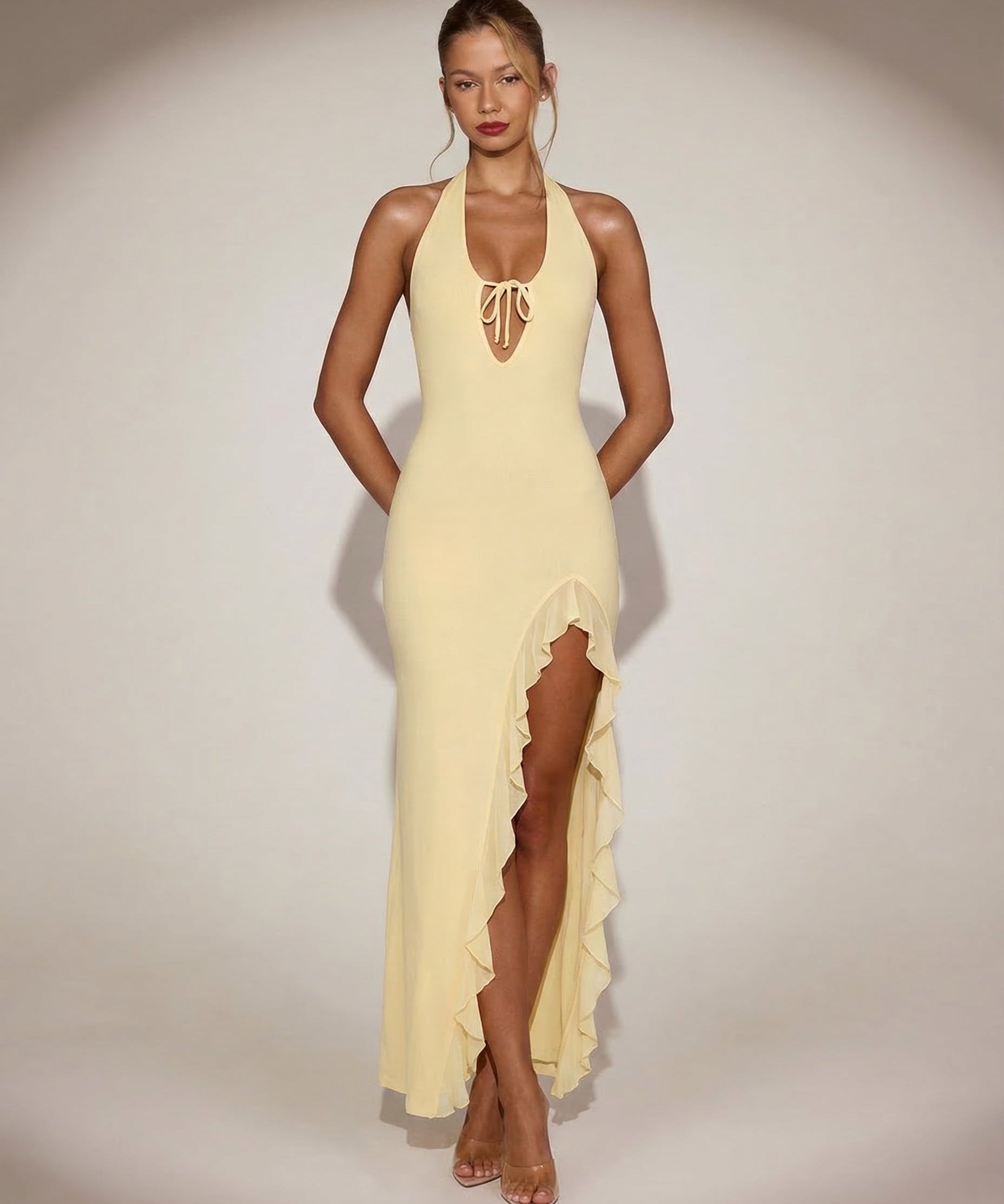 Shelly | Plunging Backless Maxi Dress with Ruffle Trim