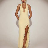 Shelly | Plunging Backless Maxi Dress with Ruffle Trim