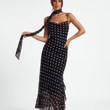 Noir | Polka Dot Maxi Dress Body-Skimming Silhouette with Sheer Hem