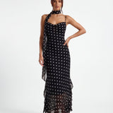 Noir | Polka Dot Maxi Dress Body-Skimming Silhouette with Sheer Hem