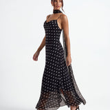 Noir | Polka Dot Maxi Dress Body-Skimming Silhouette with Sheer Hem
