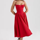 Katrina | Red Seam Detail Corset Bodice Midi Dress