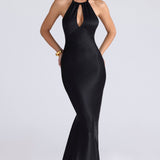Oliviana | Luxe Black Fluid Satin Halter Keyhole Maxi Dress
