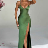 Alexia | Bias-Cut Plunging Satin Maxi Dress