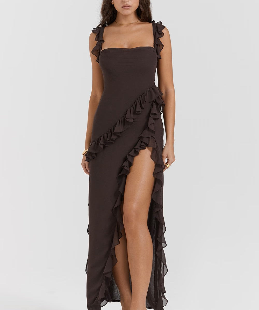 Soho | Square Neck Thigh-High Slit Ruffle Side Maxi Dress