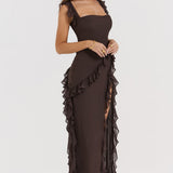 Soho | Square Neck Thigh-High Slit Ruffle Side Maxi Dress