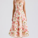 Camellia | Corseted Bustier Floral Stretch Cotton Midi Dress