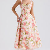 Camellia | Corseted Bustier Floral Stretch Cotton Midi Dress
