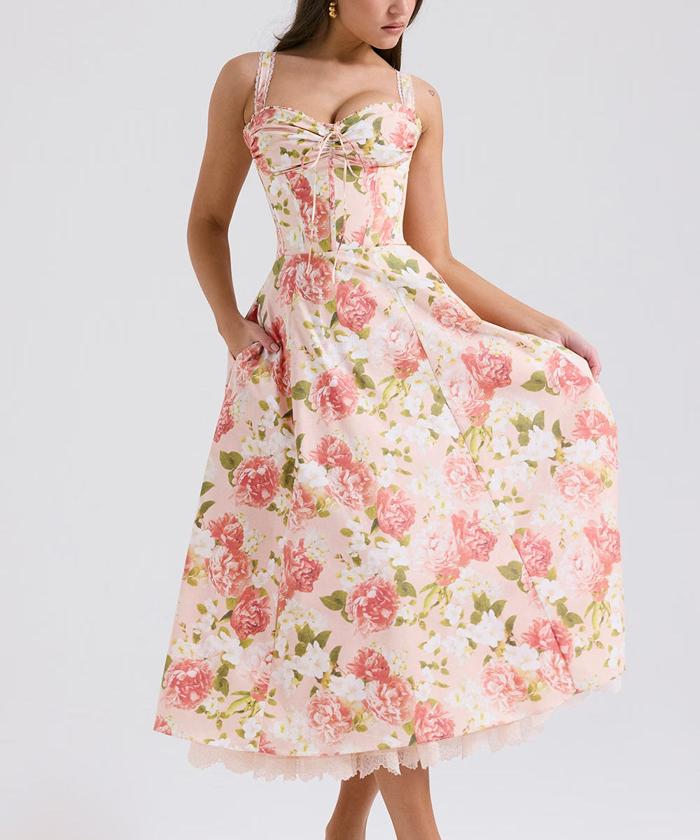 Camellia | Corseted Bustier Floral Stretch Cotton Midi Dress