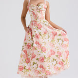 Camellia | Corseted Bustier Floral Stretch Cotton Midi Dress